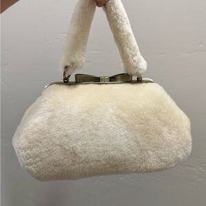 Cream Real Shearling Leather Handmade Bowknot Kisslock Clutch/Wristlet/Crossbody